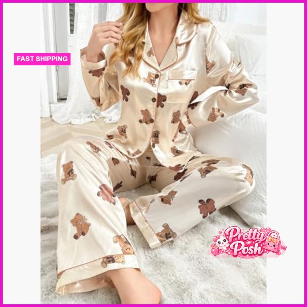 Polyester Elastane Pajama Set Long Sleeve Button … - image 5